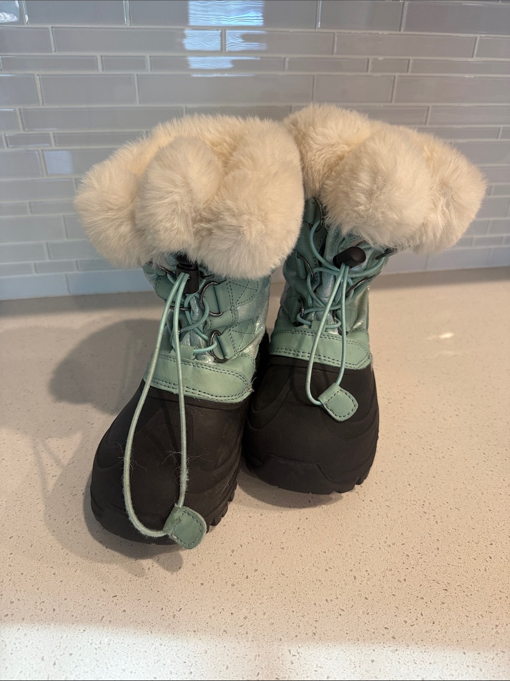 Kids Waterproof Winter Snow Boots with Faux Fur Cuff - Mint/Black